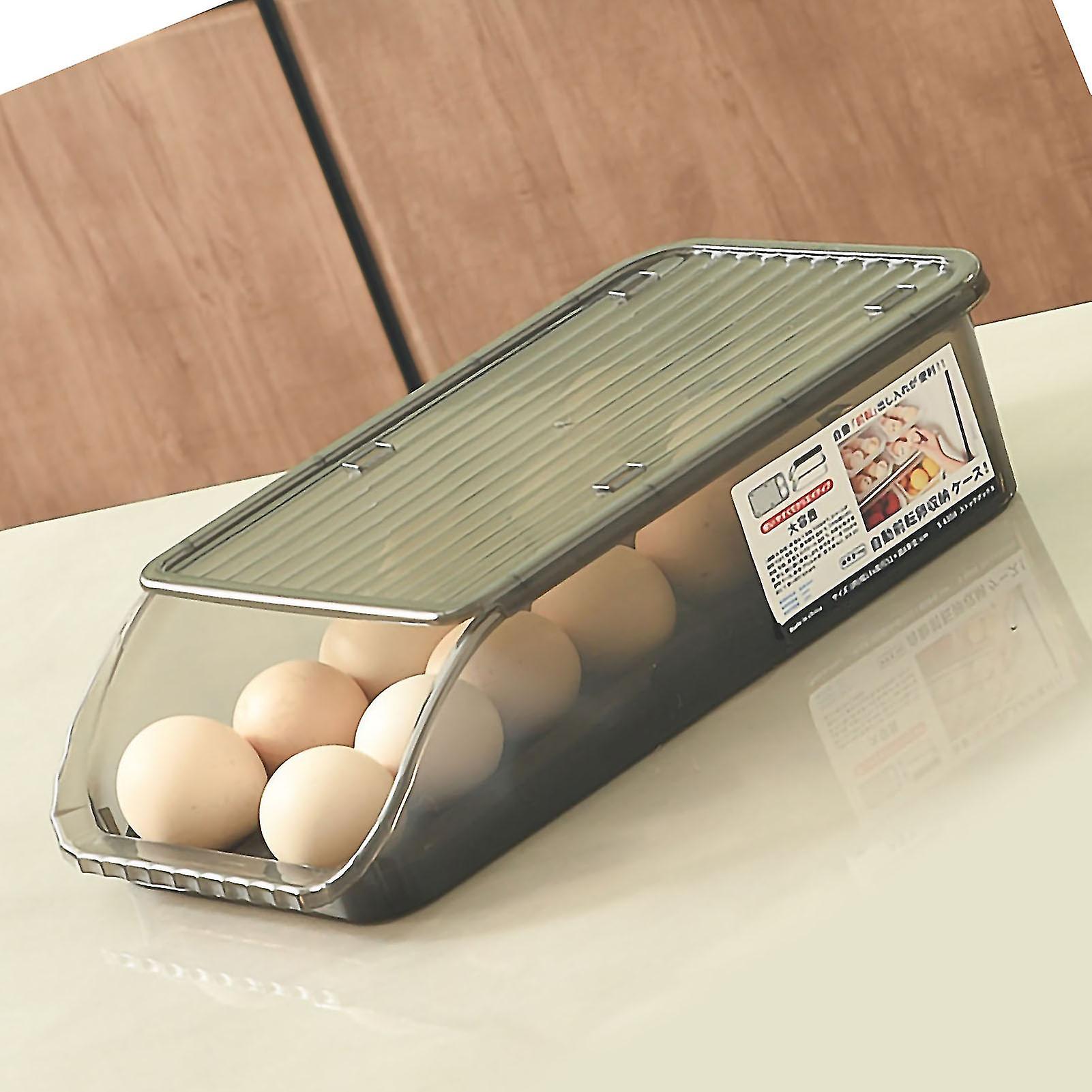 Egg Storage Box Plastic Automatic Rolling Transparent Thickened Grooved Egg Storage Container for Refrigerator Kitchen Black 
