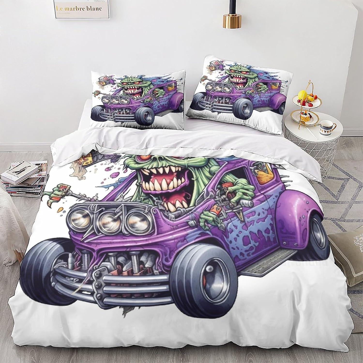 Monsters påslakan Set 3D-tryckt tecknad uppsättning med örngott vintage bil Täcke Sängkläder Dubbel