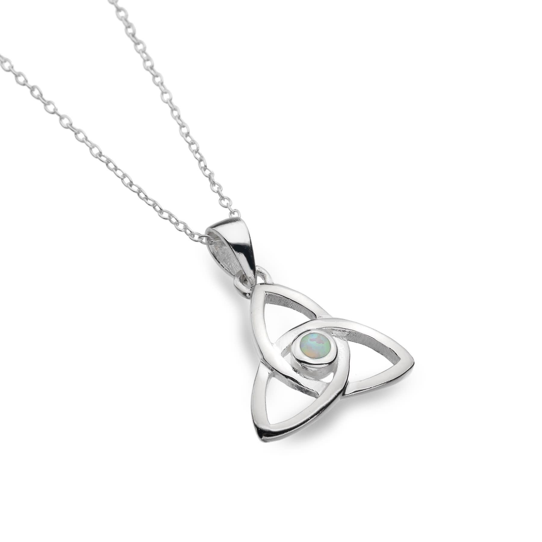 Sterling Silver Pendant Necklace - Celtic Trinity Knot + Synthetic Opal