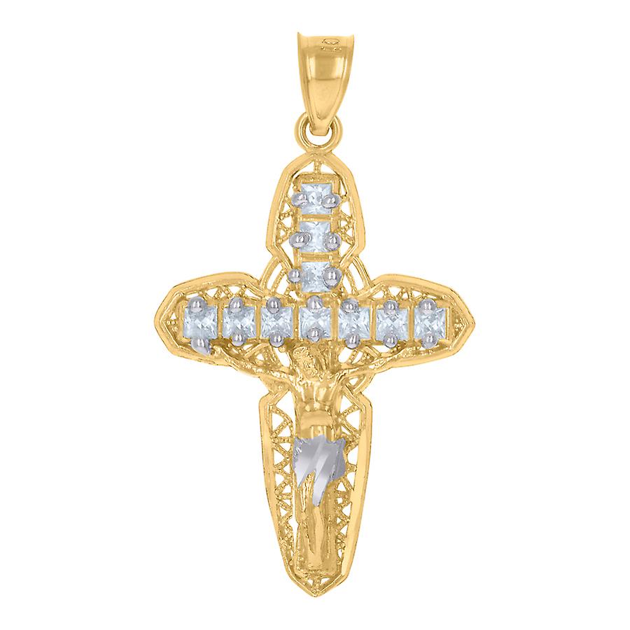 10k Two tone Gold Unisex Princess Cut Cubic Zirconia Crucifix Cross Religious Charm Pendant Necklace 39x20.9mm Wide-Pend