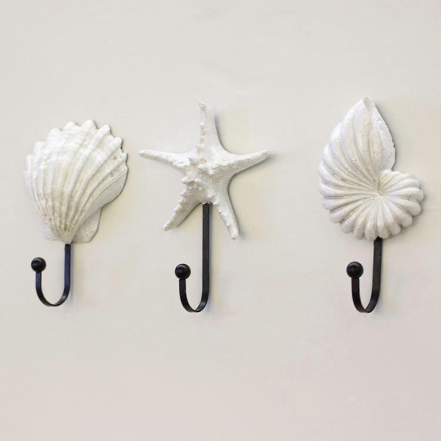 Shell Hooks, 3Pcs White Starfish Seashell Conch Synthetic Resin Wall Decorative Hooks Coats Aprons Hats Hooks for Home Entrance