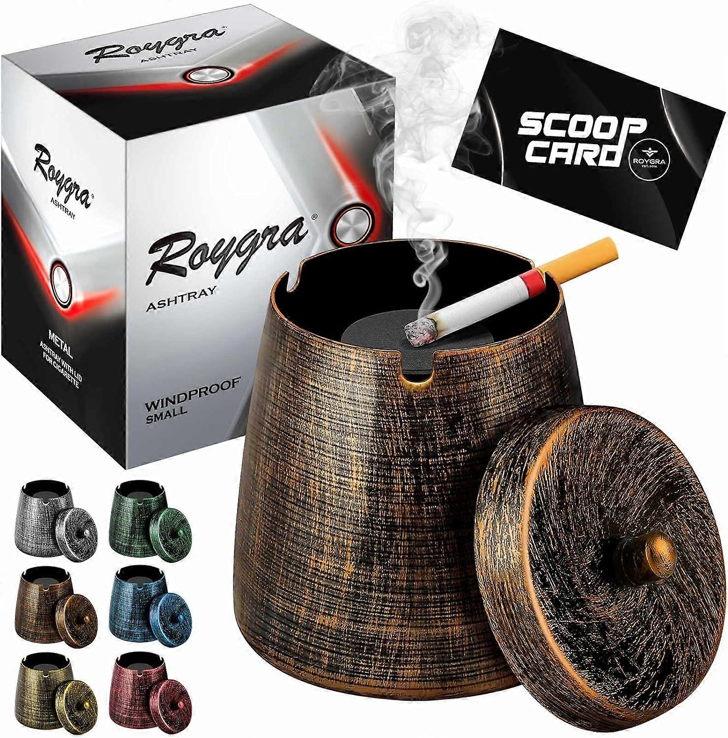 roygra Ashtray with Lid, Windproof Smokeless Metal Ashtray Bronze, Small Size (3.81 x 3.08 x 3.08)