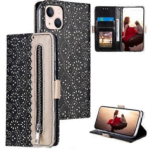For iPhone 15 Lace Pattern Double Button Zipper Leather Mobile Phone Case with Lanyard