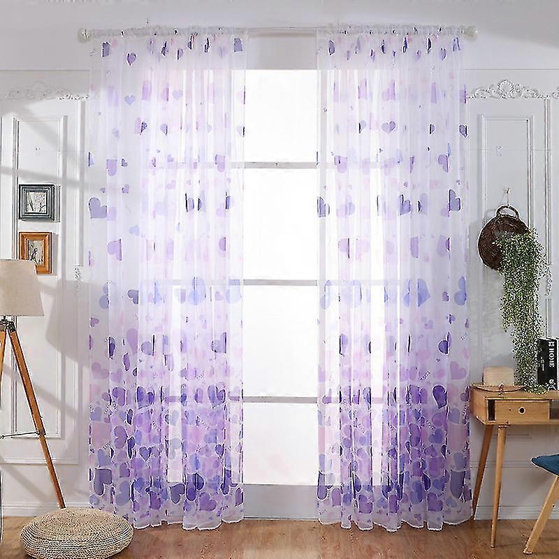 Heart Pattern Sheer Curtain Rod Pocket Voile Curtain - Purple / Size: 100 X 200cm