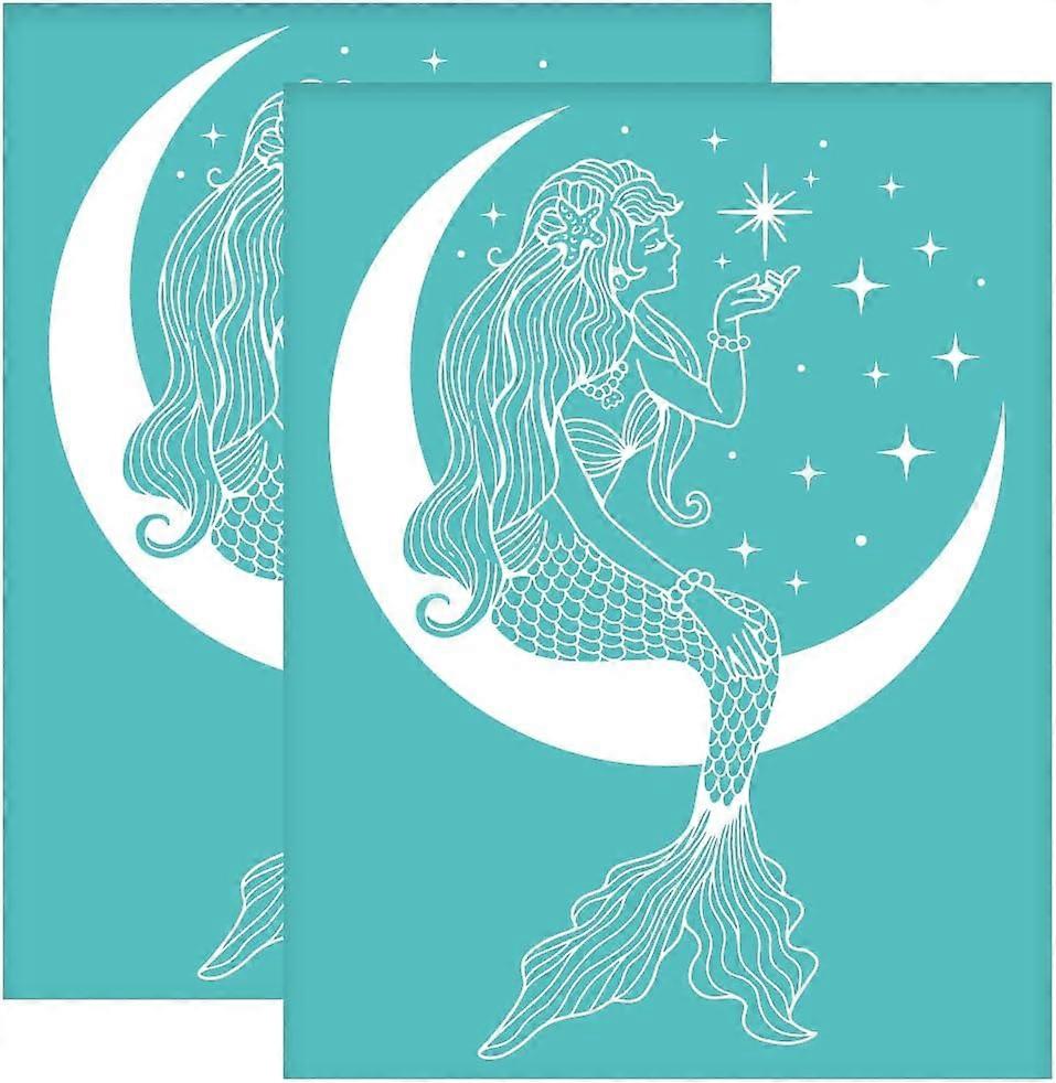 2Pcs 8.6x11 Inch Mermaid Self-Adhesive Silk Screen Printing Stencil Mermaid on Moon Silk Screen Stencil Mermaid Moon Reusable Mesh Stencils Transfer f