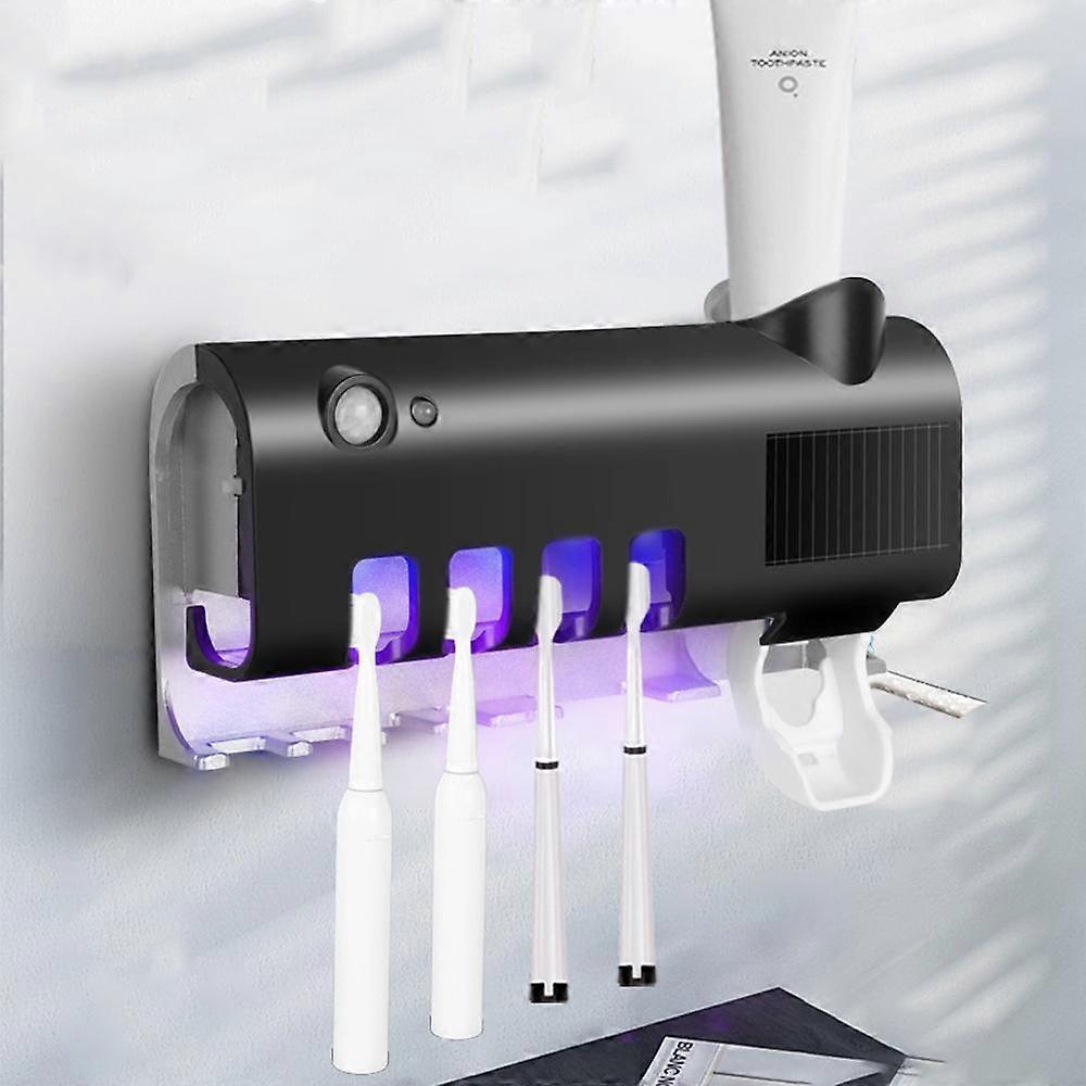 Toothbrush Holder with LED Light Ultraviolet Sterilizer Function, Main Slot for 4 Toothbrushes + Toothpaste Dispenser(Black, Disinfection Rack Only)
