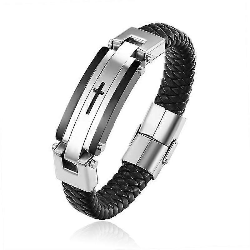 男性用クロスレザー編みブレスレット 調節可能なチタンスチールカフブレスレット