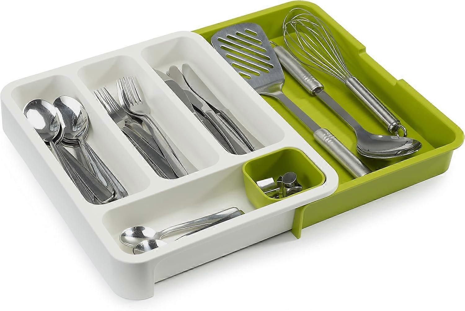 Expandable Cutlery Tray for Drawer, Adjustable Drawer Organizer - White/Green