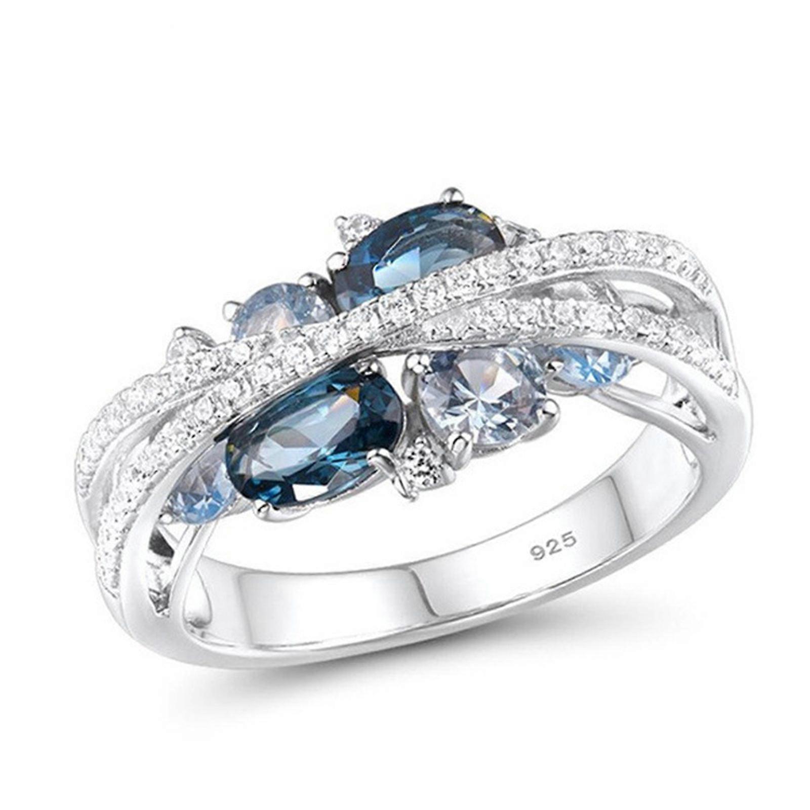 Femmes saphir diamant bague Double X bague rétro créative nouveau X en forme de mer creuse bleu Zircon bague pour cadeau, taille 5-11