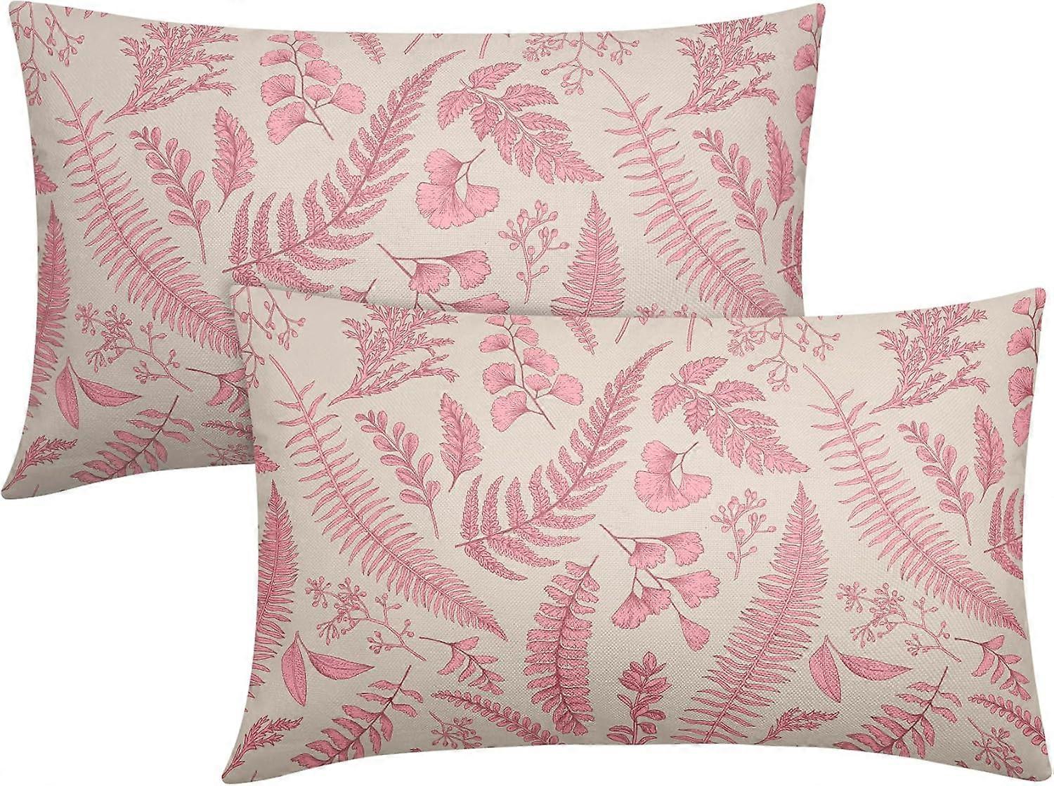 Pink Leaf Plant Lumbar Pillow Covers 12X20 Inch Set of 2 Tropical Fern Herbs Botanical Leaves Floral Decorative Pillow Cases Vintage Cushion Case Farm