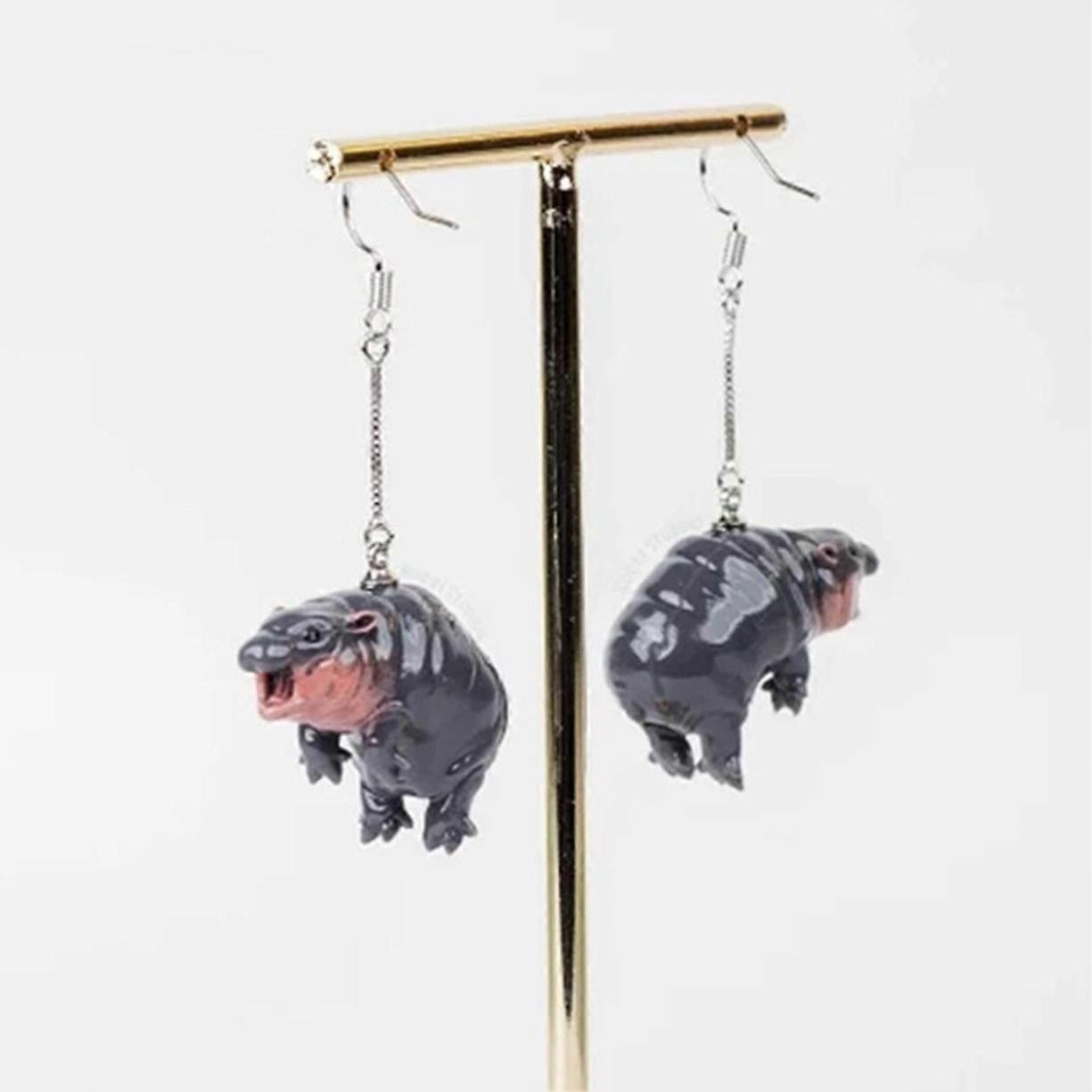 Pygmy Hippo Earrings, Handmade Moo Deng Hippo Earrings 3D Hippo Statue Earrings
