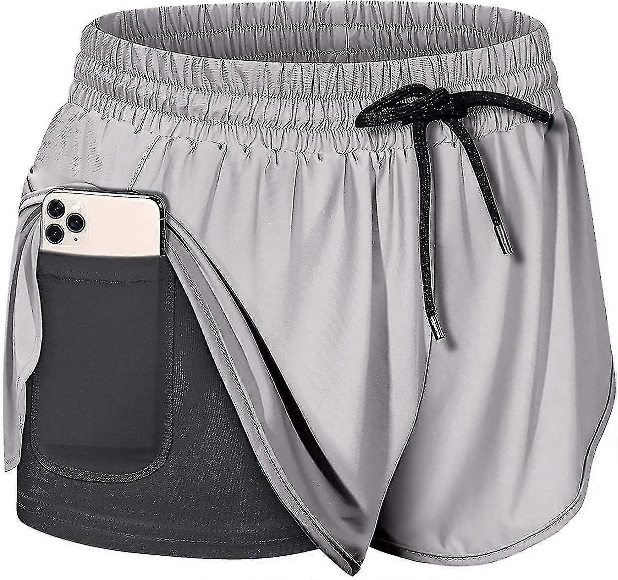 Womens Double Layer Drawstring Elastic Waist Athletic Shorts With Pockets