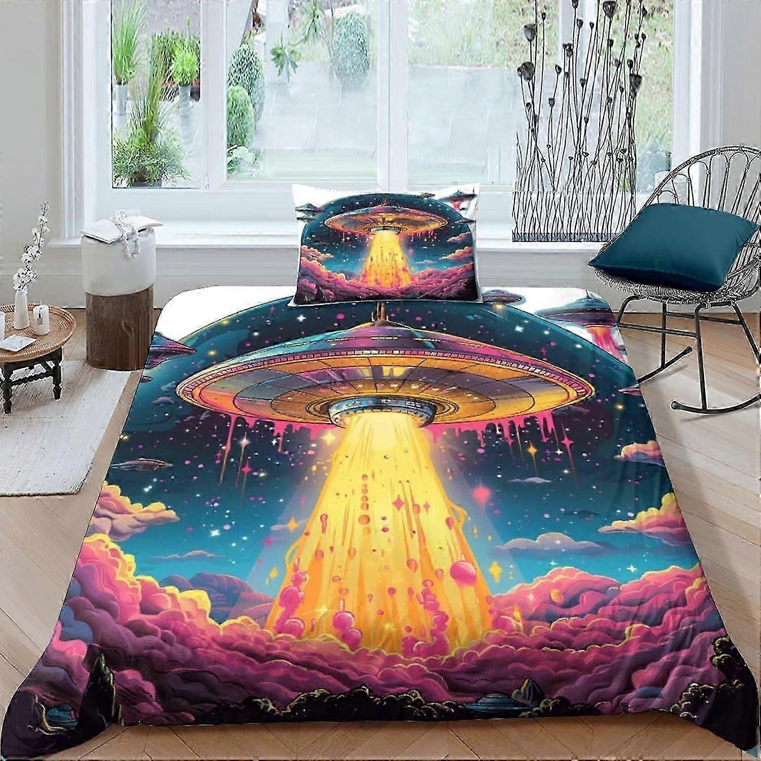 J3169 Lençóis VesFy Fantasy Ufo Colcha Capa para Meninos Meninas Capas de Edredom 3D Impressão Aliens Capa de Edredom com Fronhas Macia Microfibra Roupa de Cama S