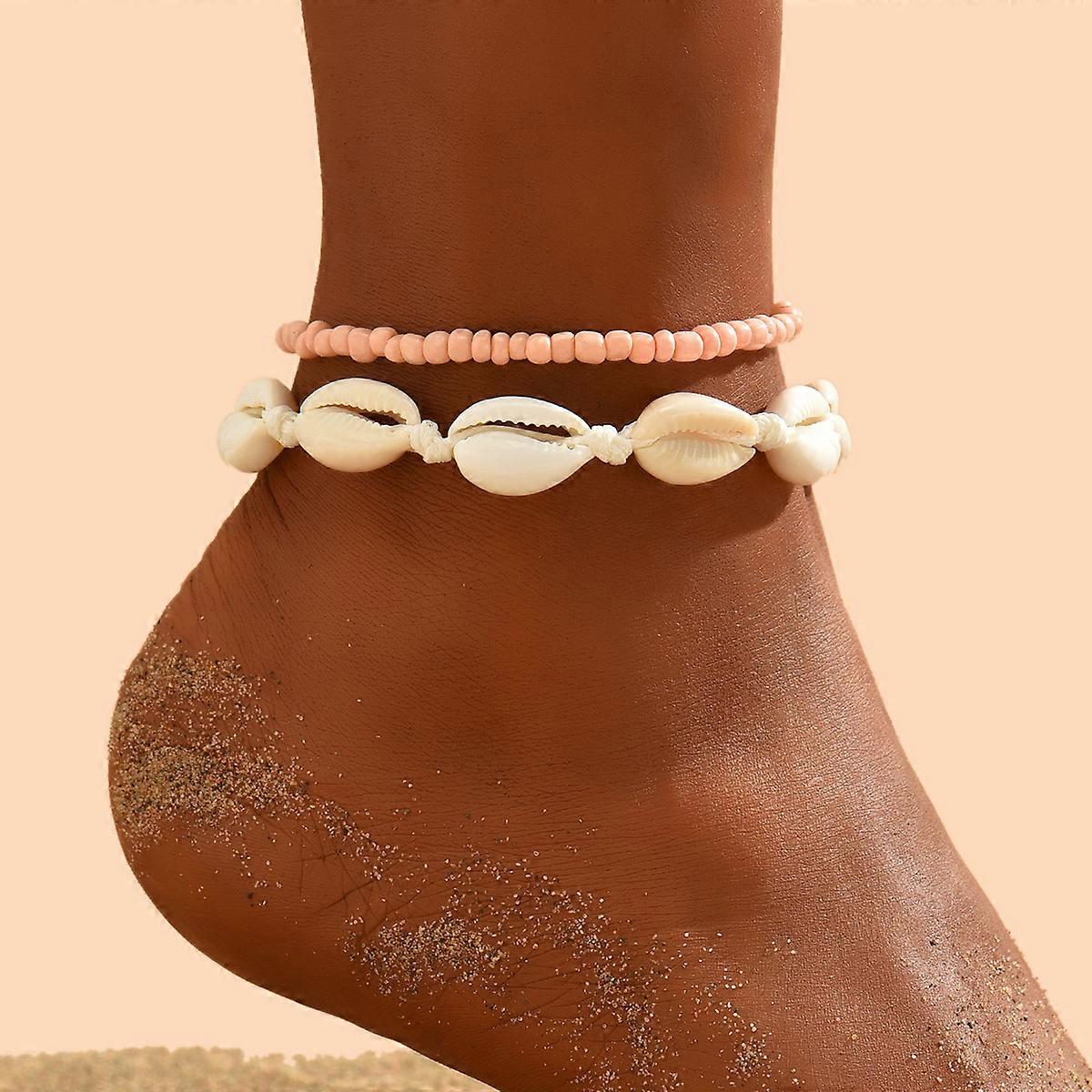 Bohemian beaded anklet, natural shell, rice beads