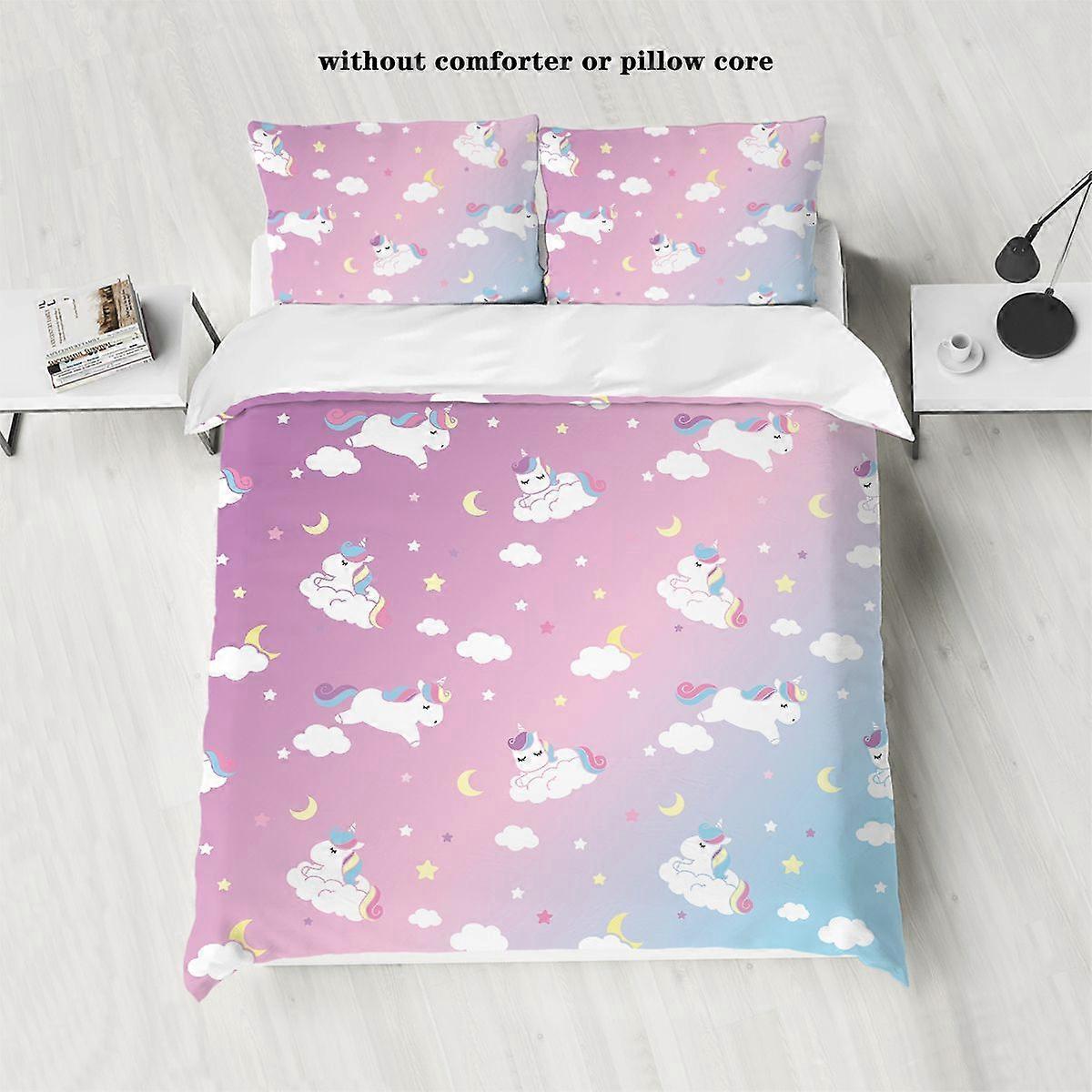 v2572 Bed Sheets pcs Rainbow Unicorn Moon Cloud Print Bedding Set,Soft,For Bedroom, Guest Room (*Duvet Cover   *Pillowcase, Without Core) 3-Piece Bedd
