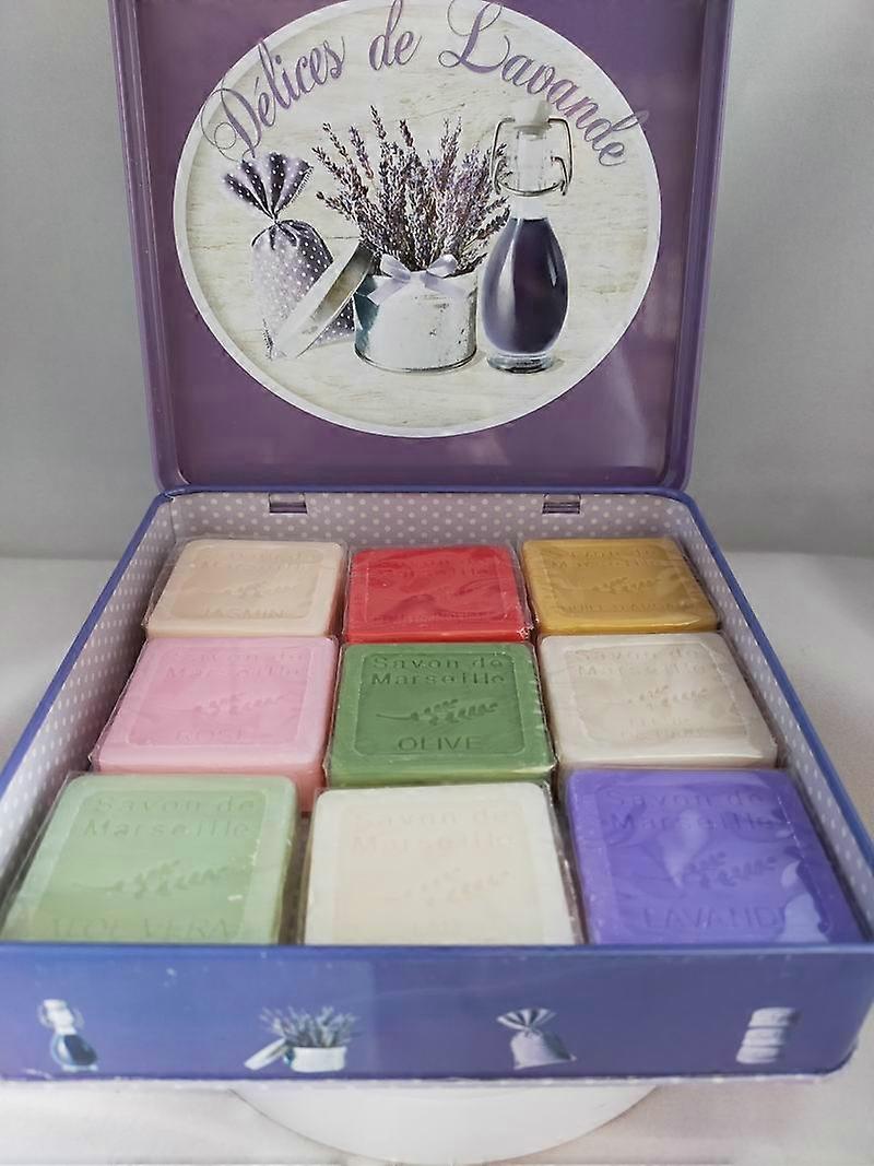 Metal soap tin square with Délices de Lavande print with 9 guest soaps – Stock tin – French