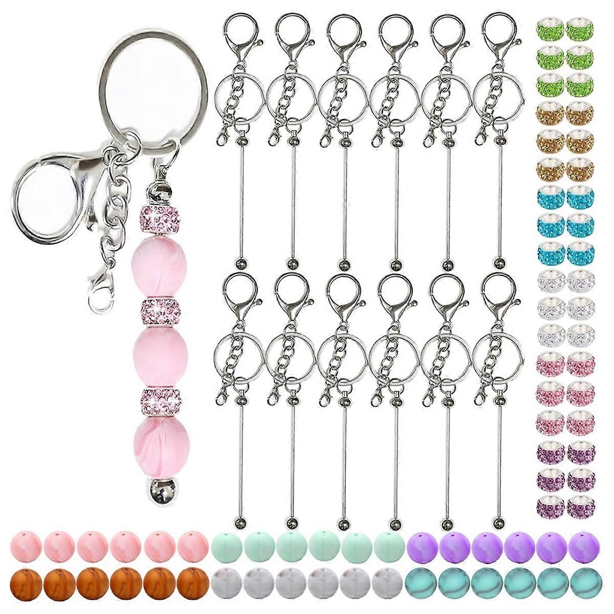 84Pcs Beadable Keychains Set,Keychains Bulk for Keychain Making Accessories with Silicone Beads Spacer Beads