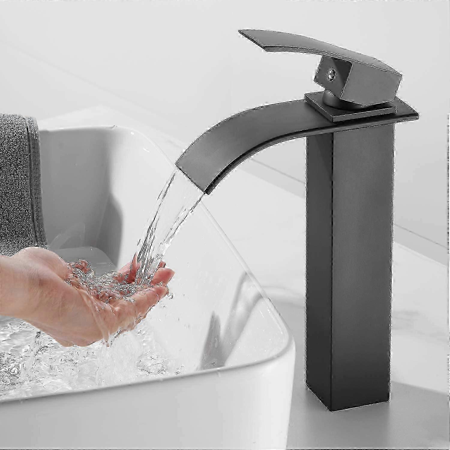 Basin Mixer Tall Waterfall Basin Faucet, Bathroom Faucet with Cold & Hot Water Available, Waterfall Tall Basin Mixer Tap, Matte Black