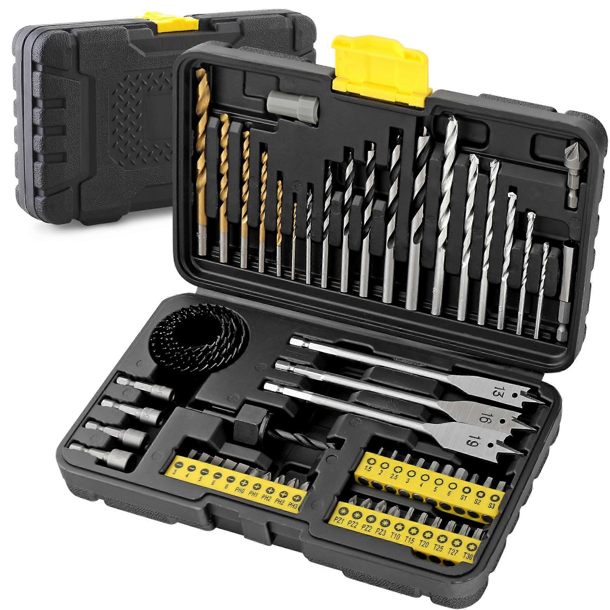 63pc Compact Multi Steel Drill Bits & Screw Nut Driver Bit Set Accessories in a Case. HSS Titanium Coated, Masonry, Brad Point