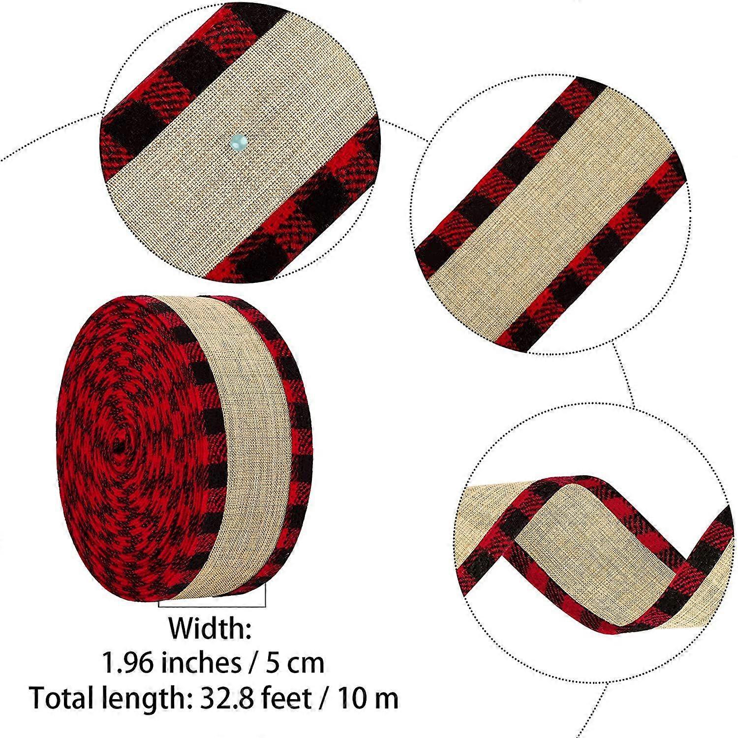 2 Rolls Christmas Buffalo Wired Edge Ribbons Plaid Ribbon Fabric Craft Ribbon Natural Wrapping Ribbon with Checked Patterns for DIY Craft Christmas De