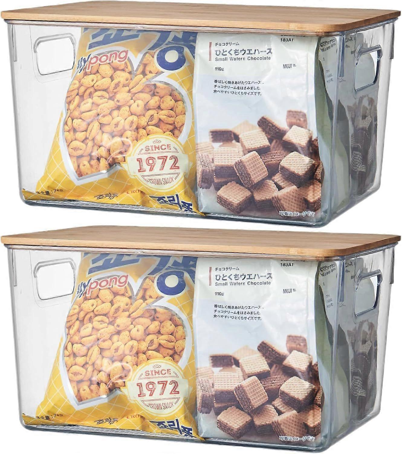 Clear Plastic Storage Box with Bamboo Lid and Handles with Lid for Home, Kitchen and Bathroom(26cm*15cm*7cm Set of 2)