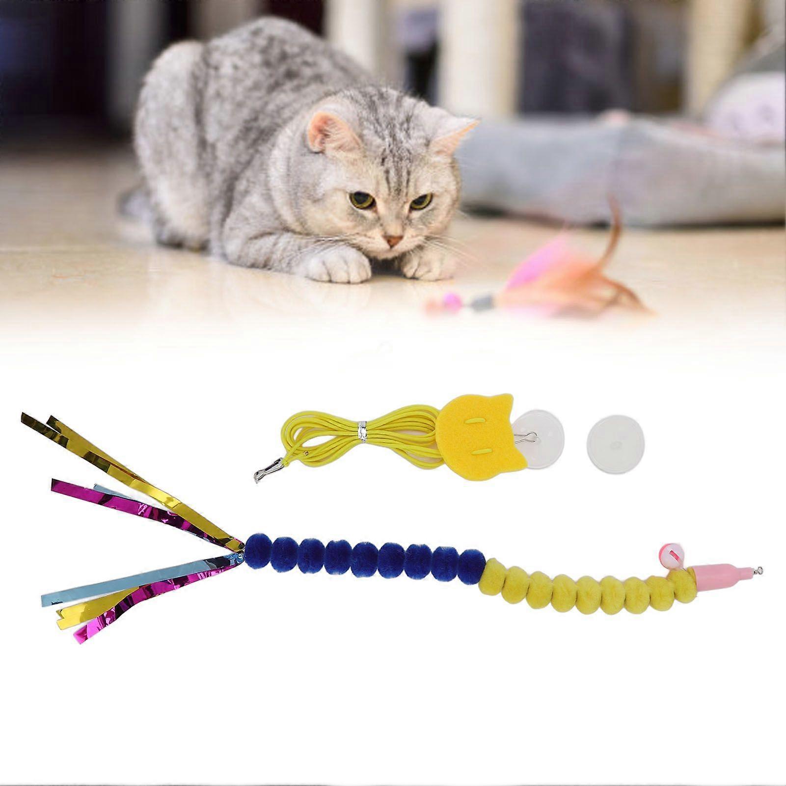 SDIGV Chat De Compagnie Suspendu Jouet Réglable Interactif Sans Trace Crochet Élastique Cordon Élastique Cloche Porte Suspendu Chat Jouet Taquiner Corde De Chat et Chenille Bleu Jaune