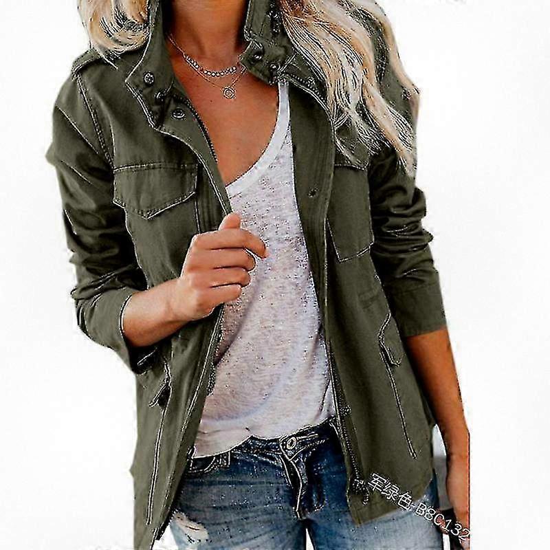 Women's Solid Loose Zip-Up Multi-Pocket Jacket Suitable for Various Brands