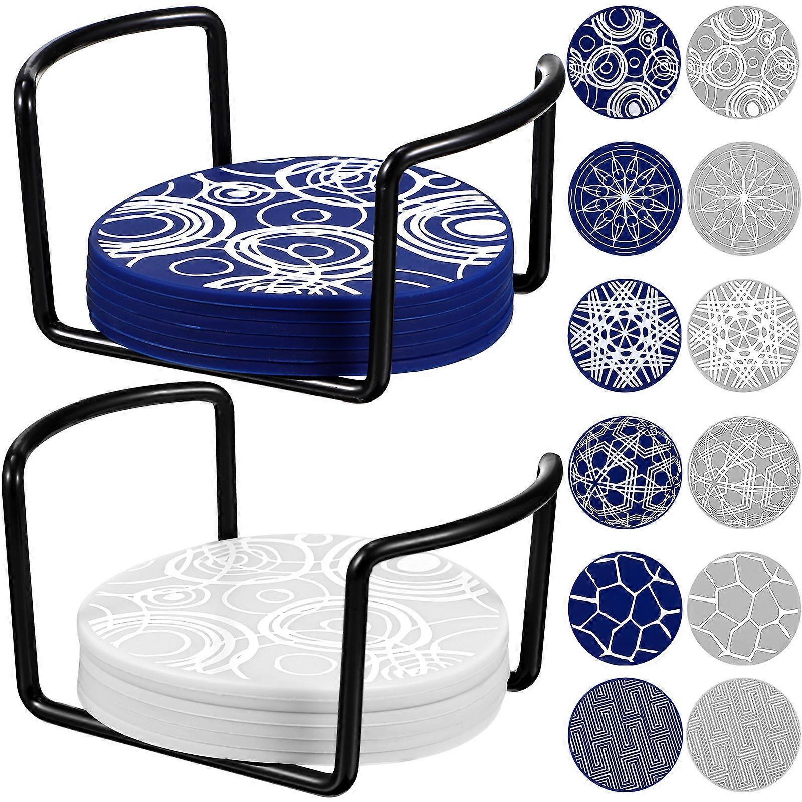 1 Set of Silicone Coasters with Holders Fashion Round-shape Pattern Silicone Drinks Coasters for Drinks Cups Table Decorations