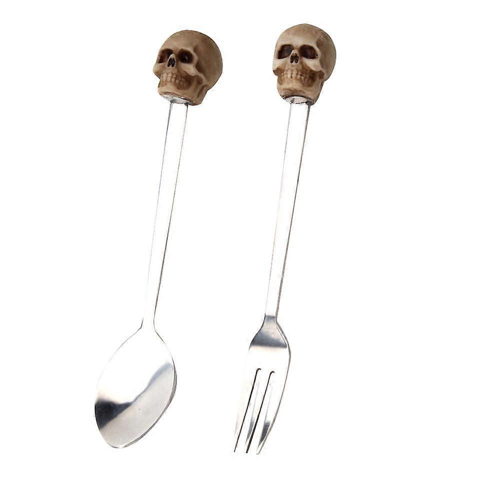 Stainless Steel Portable Fork and Spoon Use Silver Color Shape 2Pcs