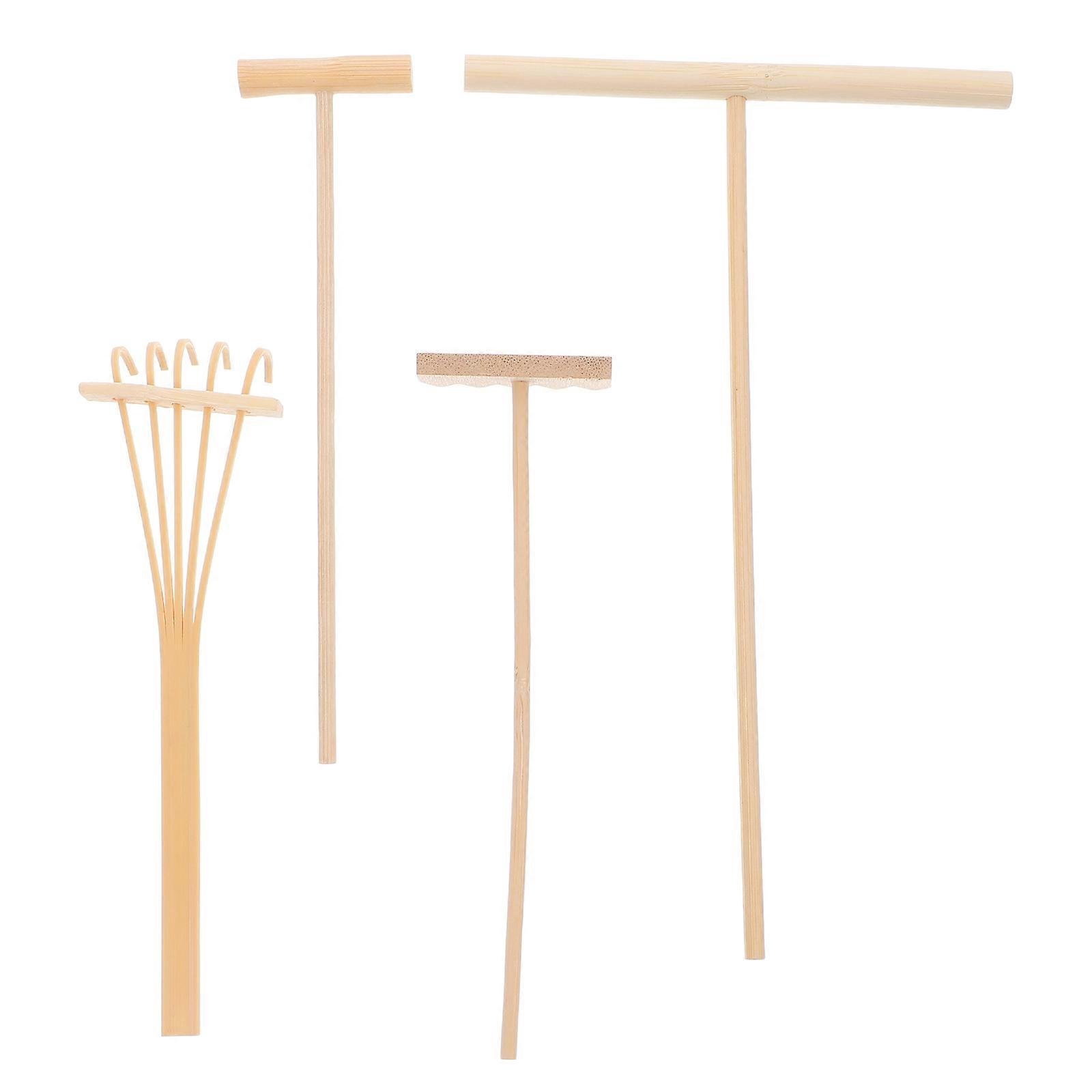 Bamboo Rake Set Gardening Tools Small Garden Portable Rake Mini Size Beige 4Pcs