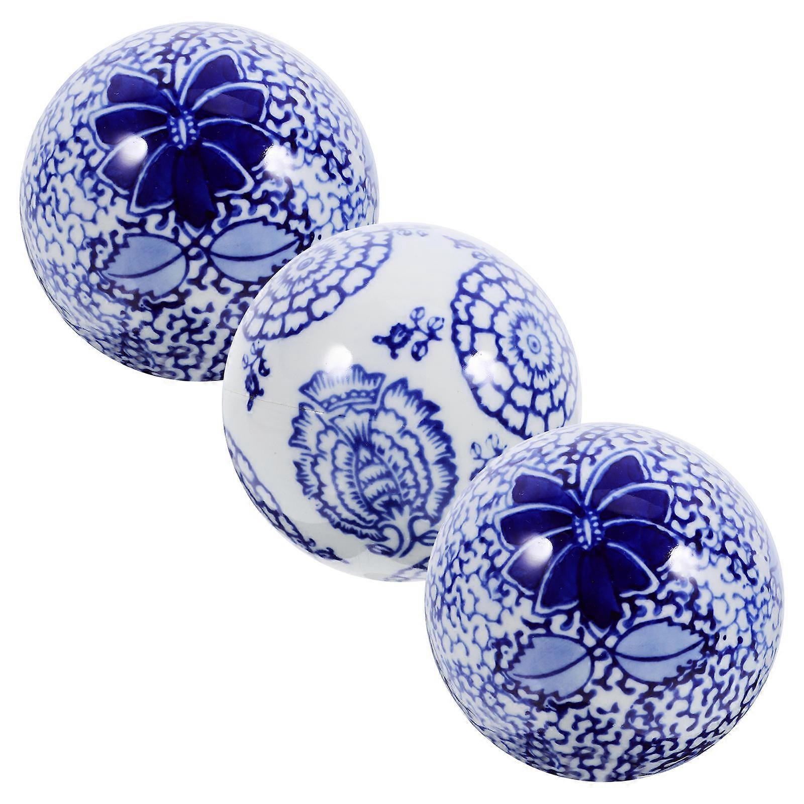 Decorative Spheres Ceramic Ornaments Elegant Design for Tea Table 3Pcs Blue