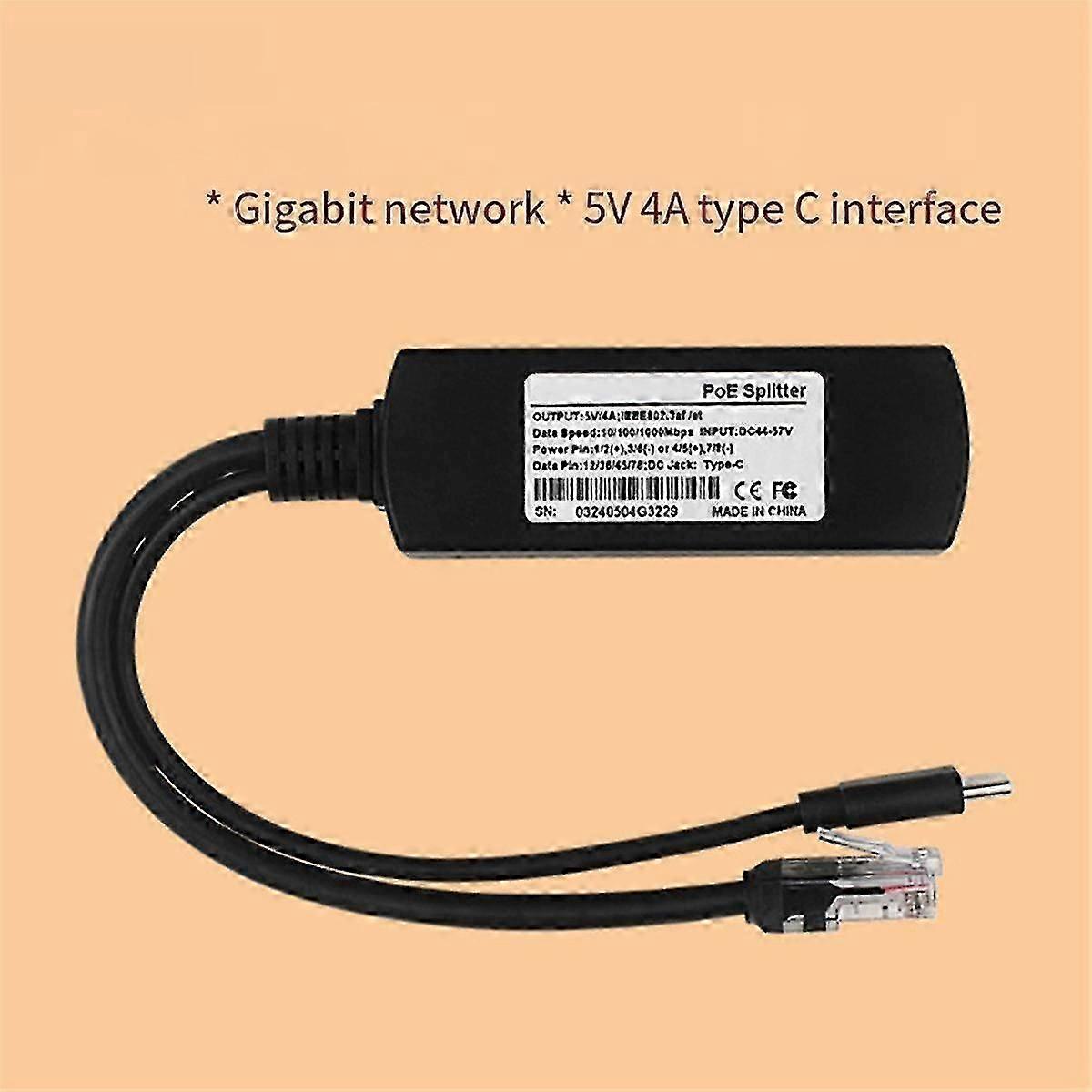 For 5 PoE Splitter 5V 4A 10/100/1000Mbps IEEE802.3af/At Type C PoE Splitter for 5B