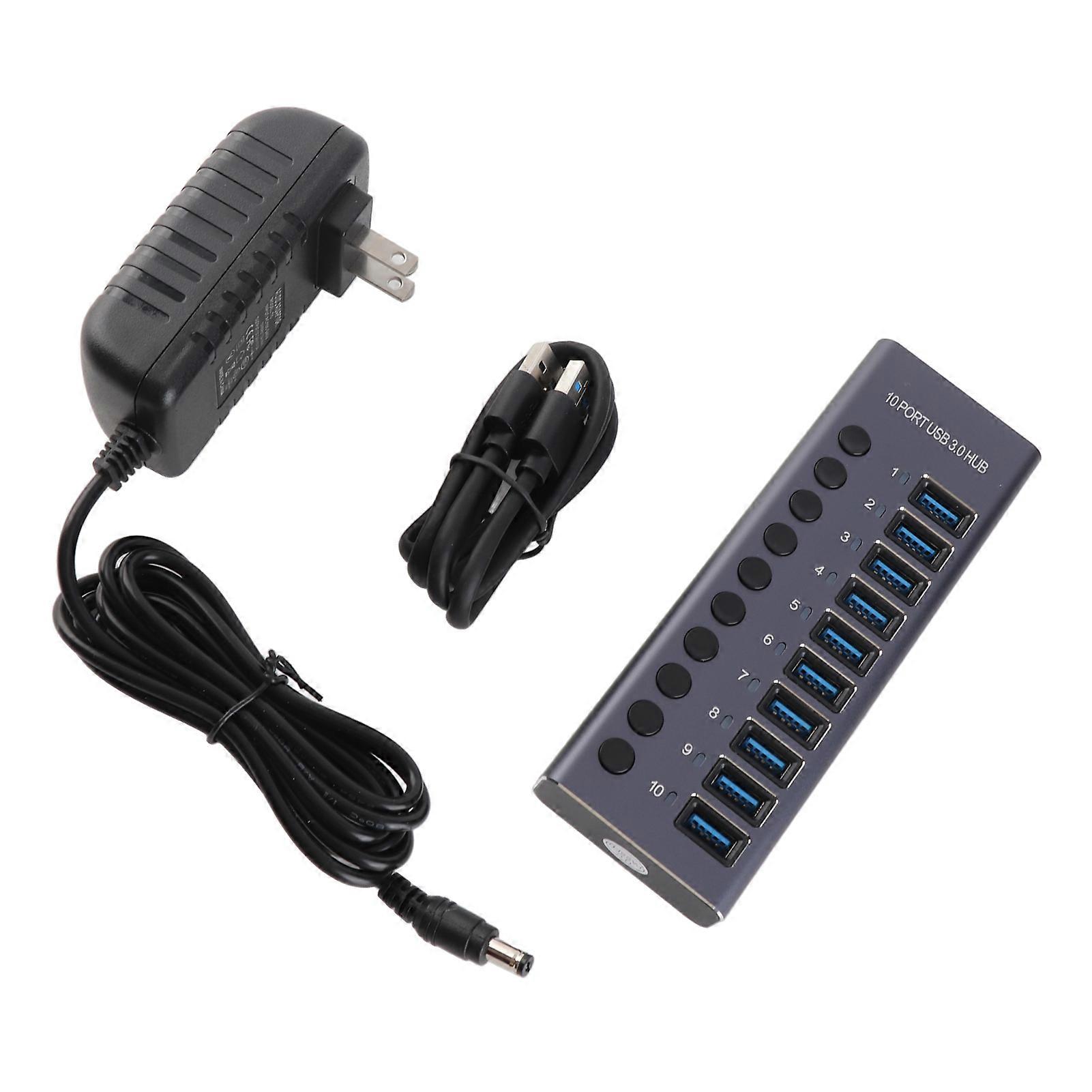 985A 10 Port USB 3.0 Hub USB Splitter Hub USB Docking Station 300MB/S High Speed Transmit with Individual Switches 12V 5A Power Adapter for Laptop PC