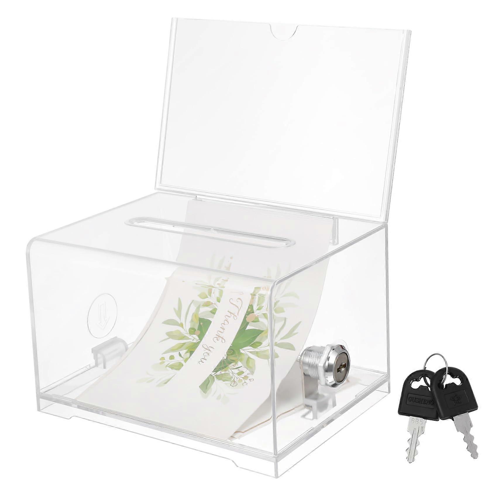 Lockable Acrylic Donation Box with Sign Holder, Clear Fundraising Urn for Suggestions and Tips, 16 x 12 x 10 cm