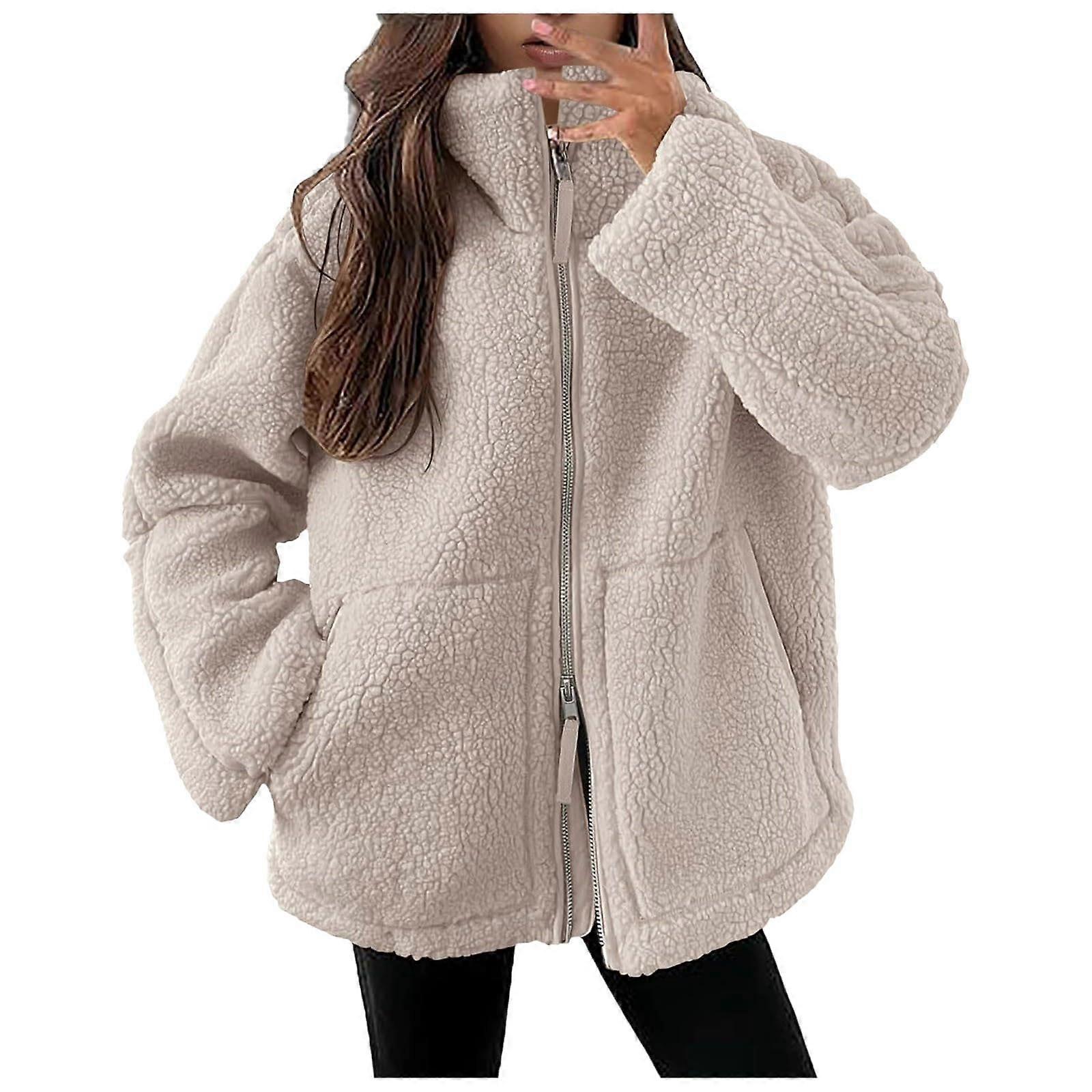 Women's Winter Jacket Windproof Plush Warm Lined Fleece Jacket Beige S