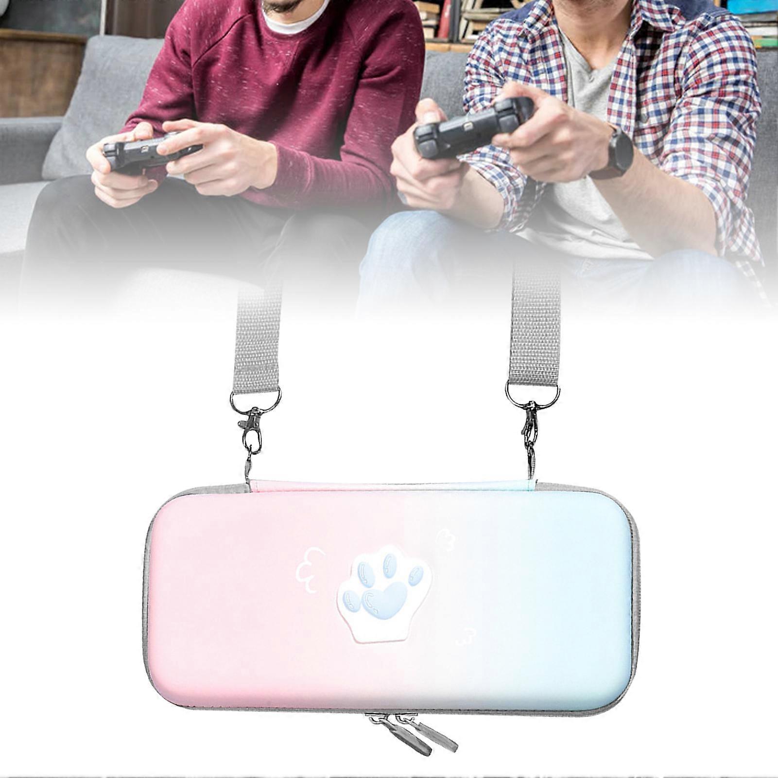 Cute Cat Paw Carrying Case PU Leather Hard Protective Cover with Shoulder Strap and Hand Rope for Switch Game Console Pink Blue Gradient