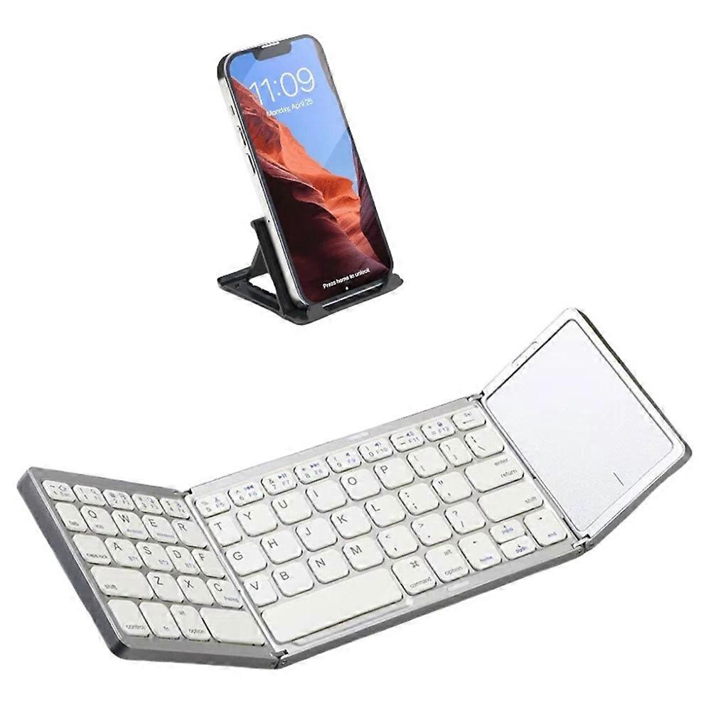 B089T Dreifach gefaltetes Touchpad im Taschenformat Bluetooth-kompatible Tastatur für Android Windows iOS, mit Telefonhalterung Silber