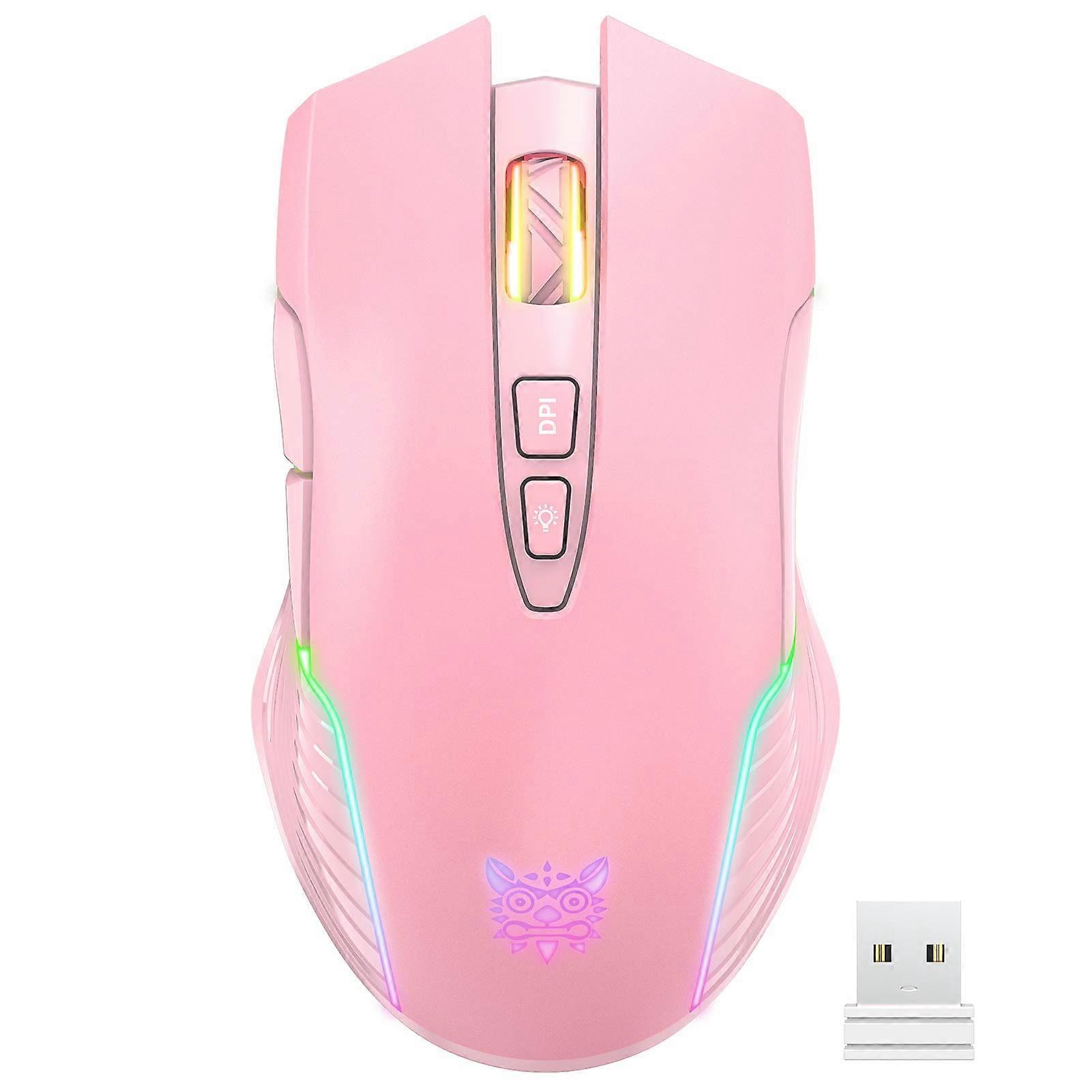 Rechargeable Wireless Gaming Mouse Ergonomic RGB Computer Mouse 2.4G Receiver Adjustable DPI 3600 7 Buttons Non-Programmable Pink