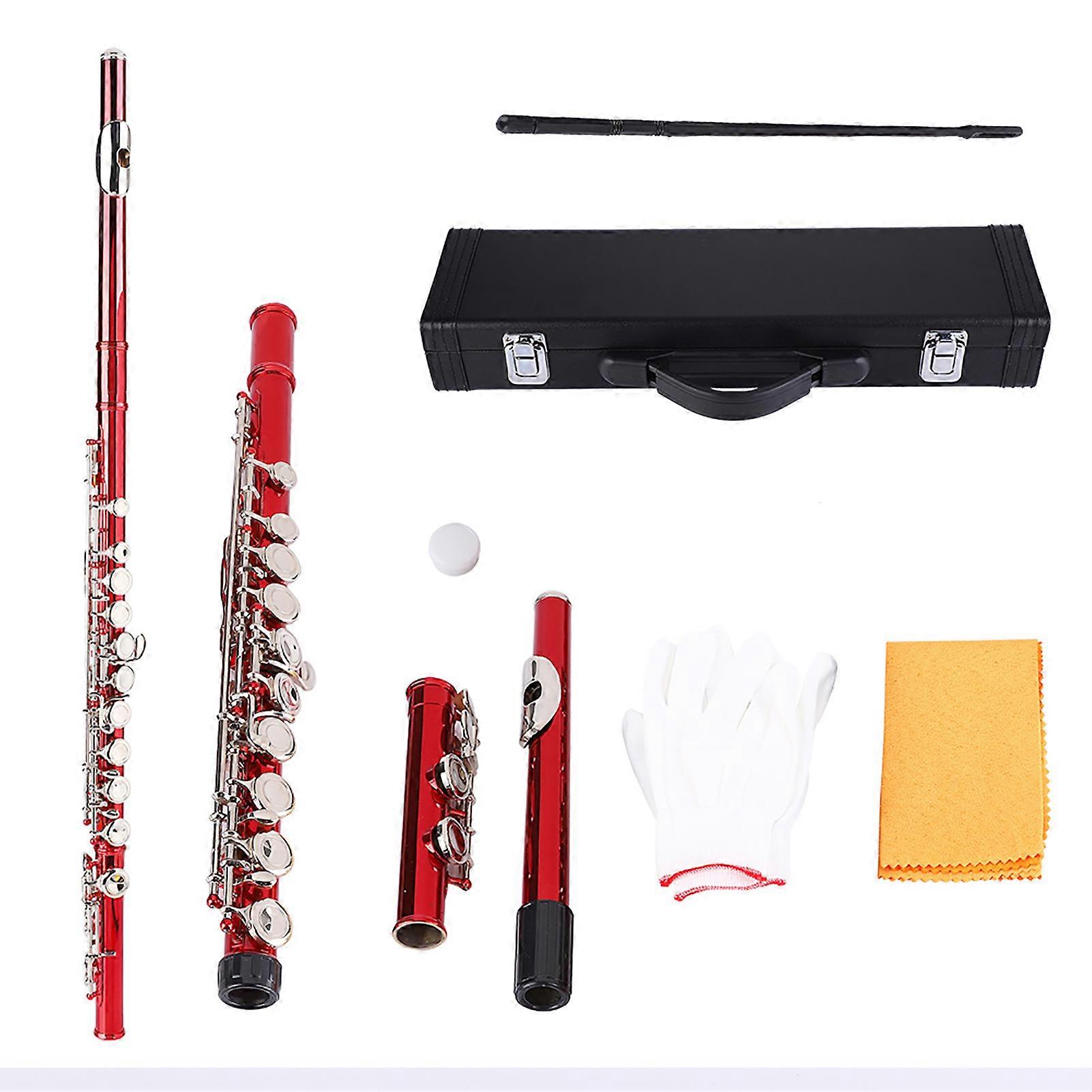 LADE C Key 16 Hole Brass Flute Beginner Kit Storage Case Cleaning Cloth Gloves (red)
