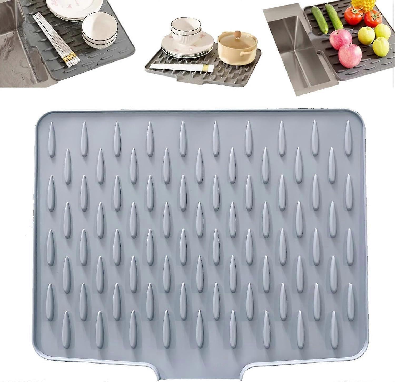 No-Spill Silicone Worktop Saver Mat - Heat-Resistant Non-Slip Dish Drying Mat with Built-In Drain Lip, Grey 2025 Upgrade