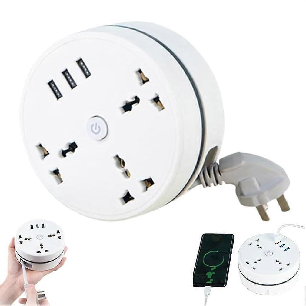 Universal Power Strip 5.9 ft Retractable Extension Cord with 3 Sockets and 3 USB Ports for Travel