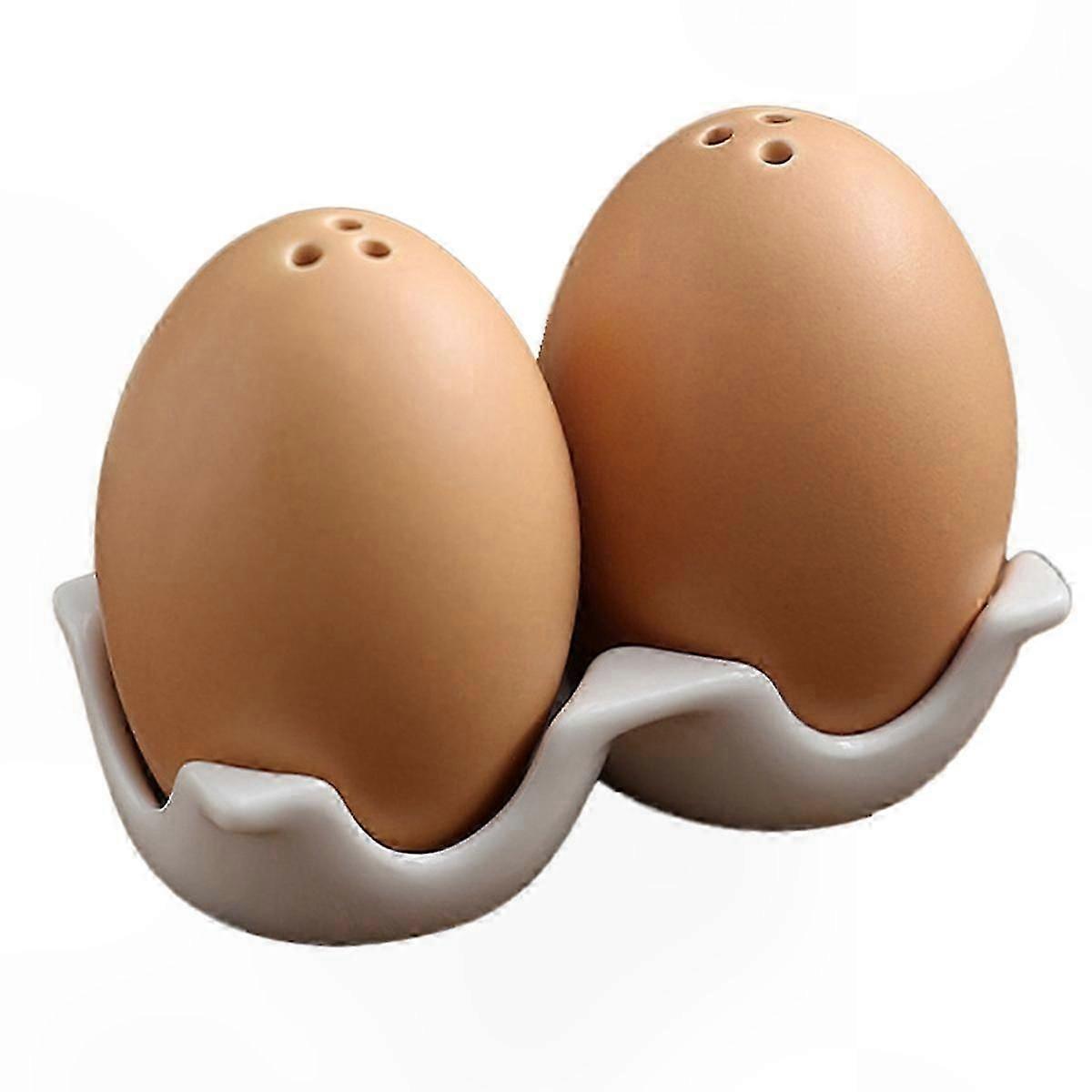 Mini Egg-Shaped Ceramic Seasoning Shakers with Holder, Rustic Brown Design for Kitchen Use