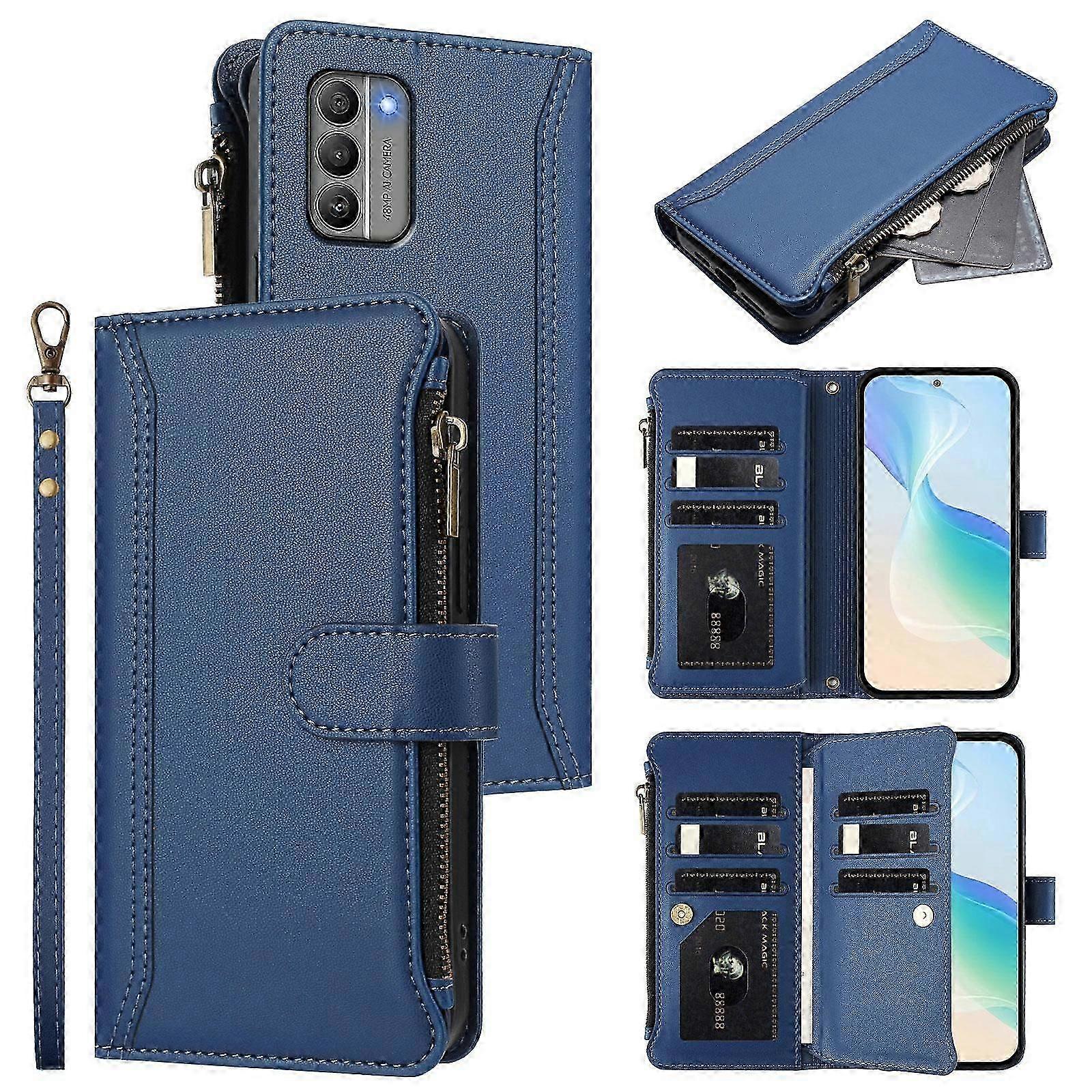 Leather Zipper Case with 9 Card Slots, Magnetic Closure, and Hand Strap