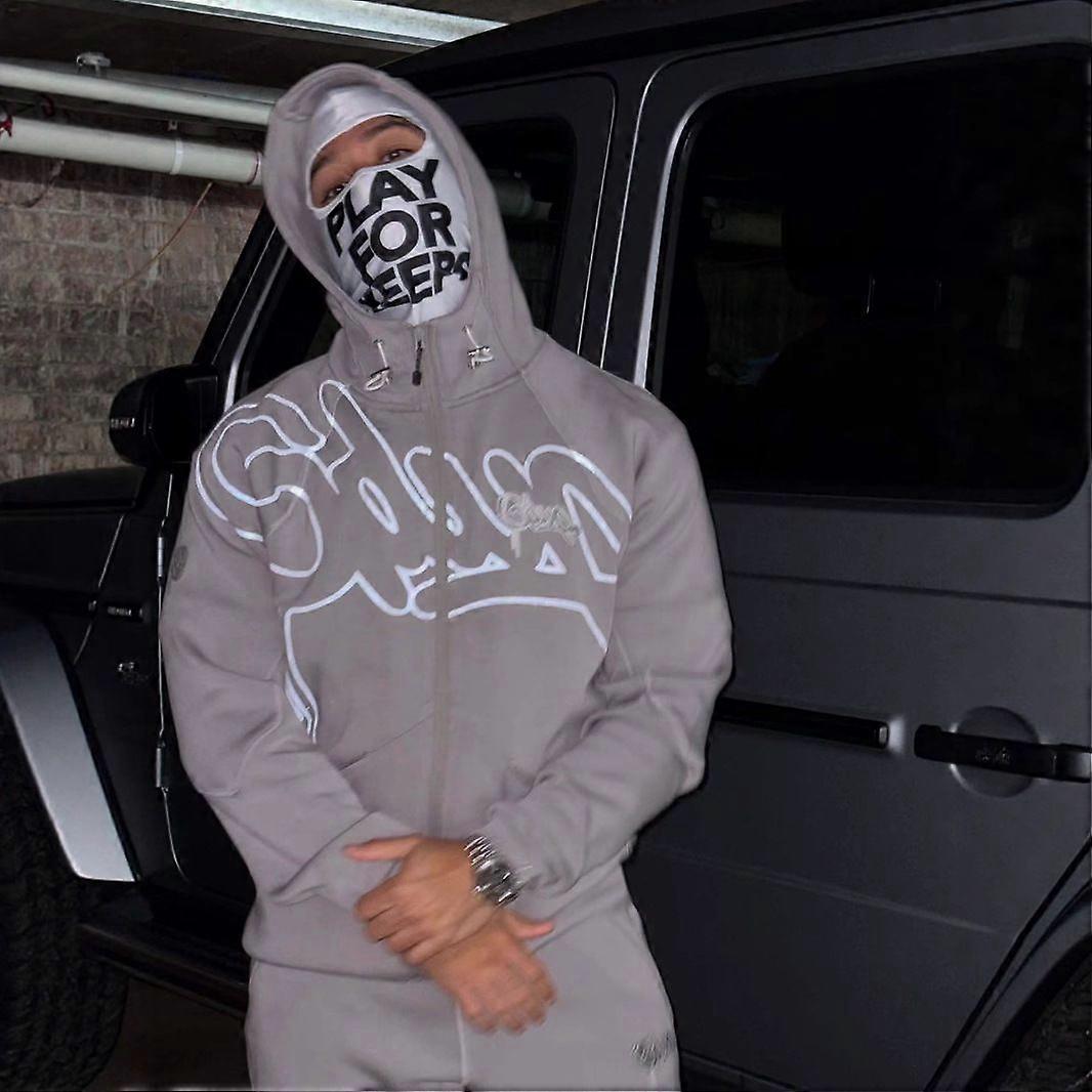 Street Style Double Layer Hooded Sweatshirt with Drawstring Hood Letter Print Zip Up Hoodie