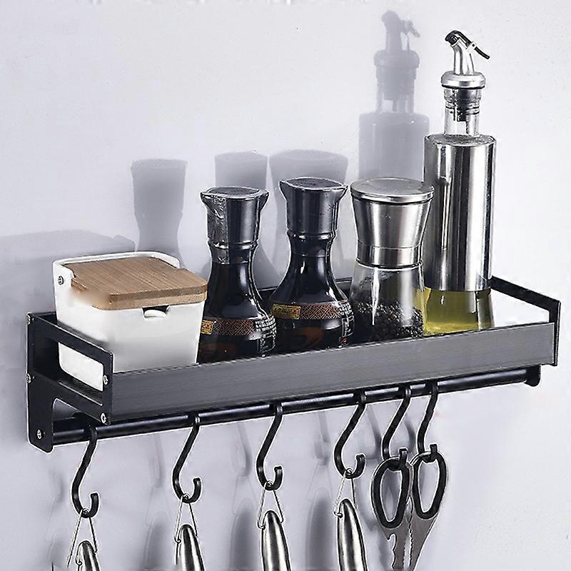 40cm 6 Hooks Kitchen Multi-function Wall Hanging Holder Seasoning Storage Rack (Black)