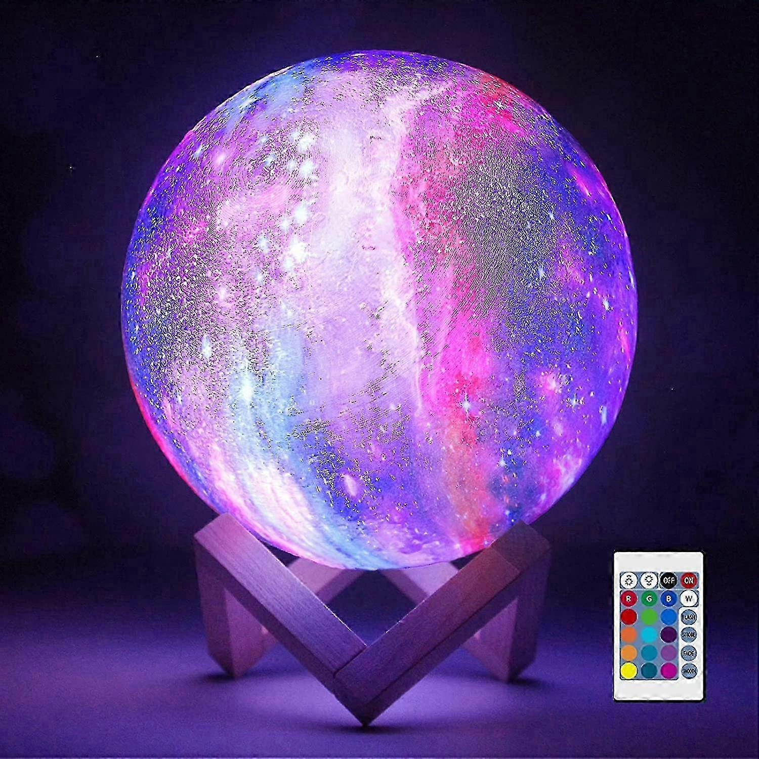 3d Galaxy Moon Lamp Lighting - Cool Kids Galaxy Moon Night Light With 16 Led Colors, Touch & Remote Control, Wooden Stand - Unique Gift For 3 4 5 6 7 