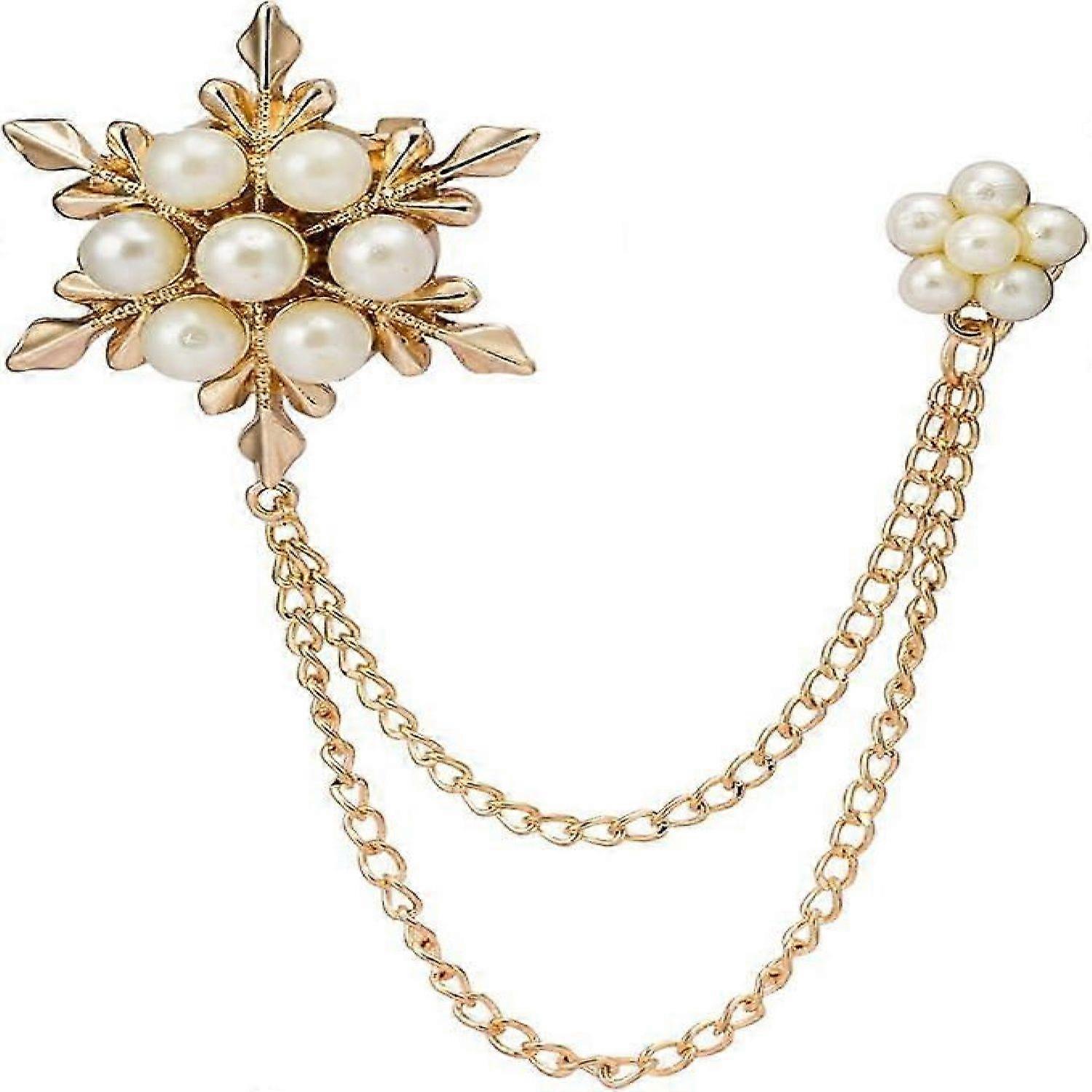 Pearl Star and Flower with Hanging Chain Brooch Golden (Chain Design May Vary) -HK908