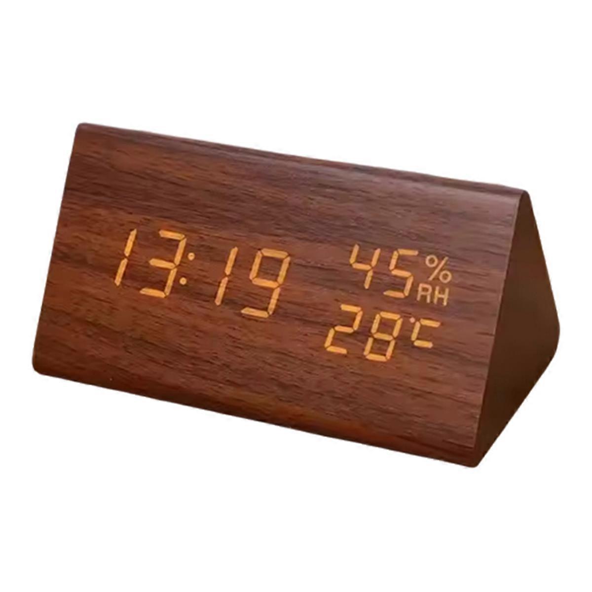 LED Student Clock Simple Wooden Clock Temperature Display Sound Control Clock Desktop Home Decorative Ornaments Brown