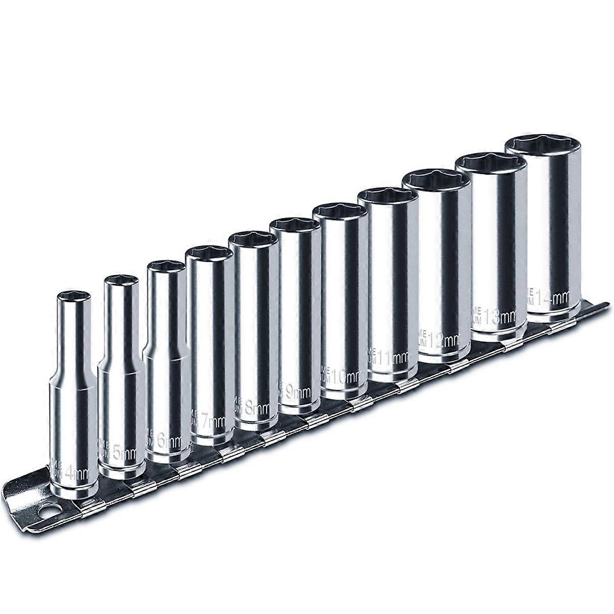 1/4inch Drive Deep Socket Set, 11PCS Metric Size Socket Set (4mm-14mm), 6-Point Design, Equipped wit