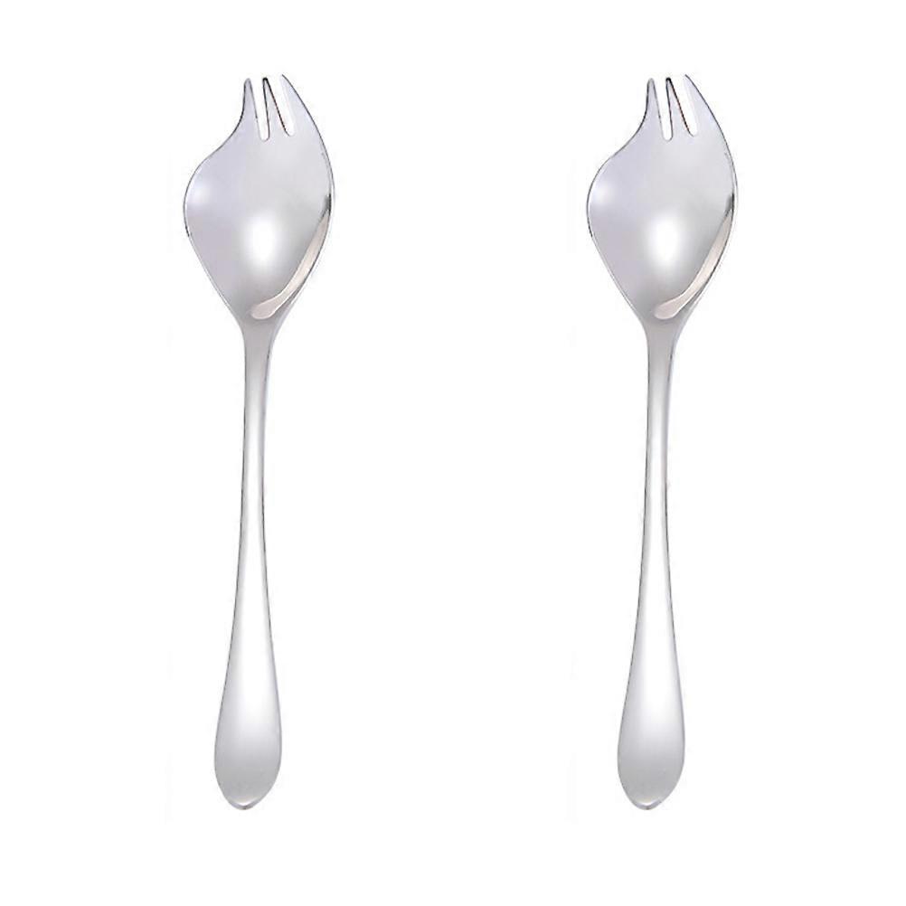 Fork And Spoon Dual Use Salad Spoons Stainless Steel Long Handle Fork Spoons Home Use Silver 2Pcs